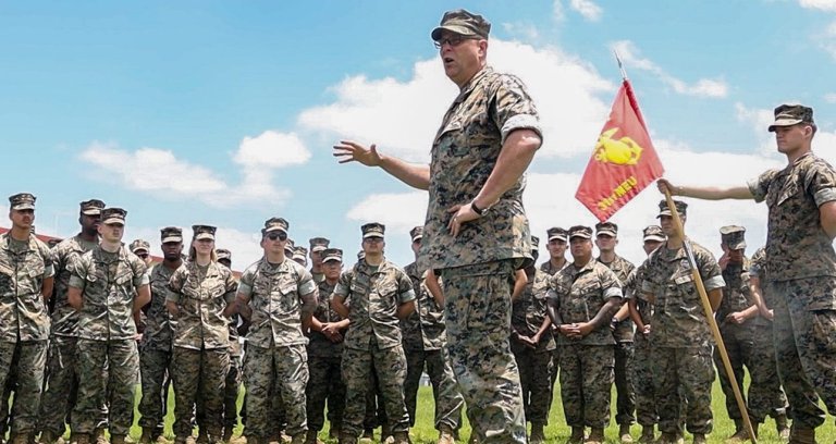 U.S. Marine Corps. Col. Matthew Danner, front, the commanding officer of the 31st Marine Expeditionary Unit, addresses his Marines during a formation on Camp Hansen, Okinawa, Japan, May 9, 2024. Danner and Sgt. Maj. Charles Peoples, the sergeant major of the 31st MEU, led the weekly formation for a final time, in advance of a change of command. The 31st MEU, the Marine Corps’ only continuously forward-deployed MEU, provides a flexible and lethal force ready to perform a wide range of military operations as the premiere crisis response force in the Indo-Pacific region. (U.S. Marine Corps photo by Lance Cpl. Peter J. Eilen)