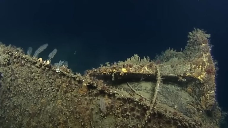 Underwater footage showing the anchor from the sunken bow of the USS New Orleans