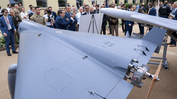 Secretary of Defense Pete Hegseth and Under Secretary of Defense for Research and Engineering Emil Michael tour multi-domain autonomous displays in the courtyard of the Pentagon, Washington, D.C., July 16, 2025.